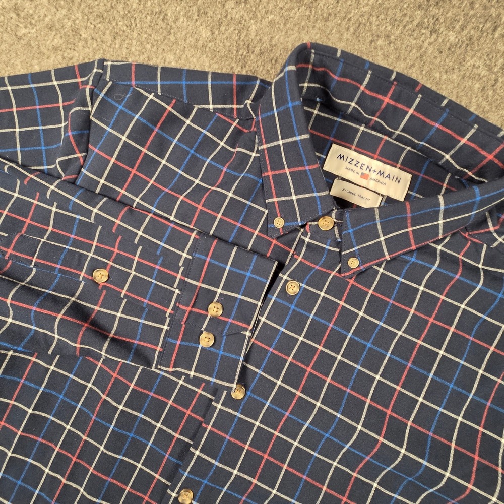 Mizzen+Main Flannel Shirt Mens XL Trim Fit Plaid Button Down Blue Red Stretch